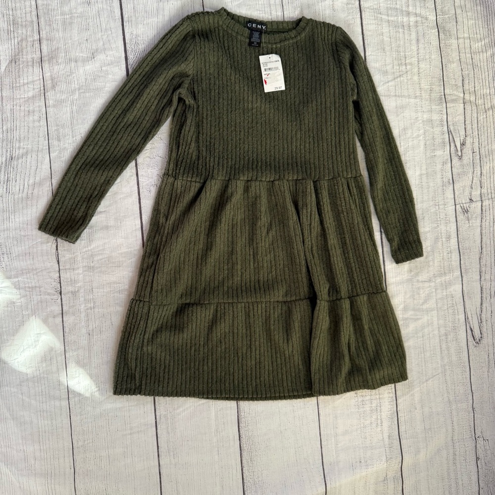CENY Nordstrom Rack NWT size XS dark green tiered long sleeve A line dress